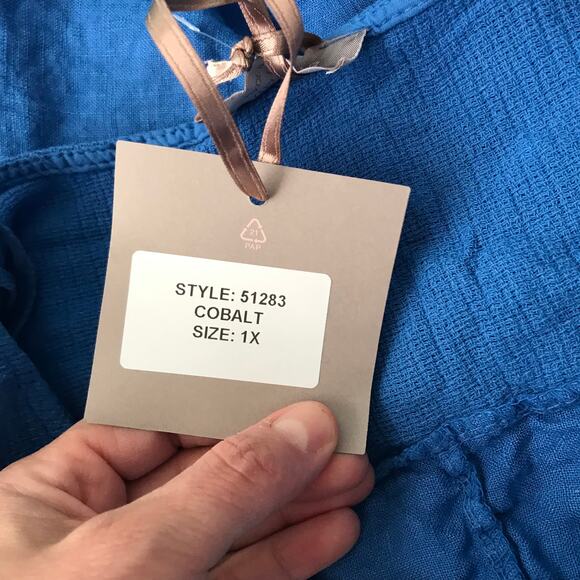 Saiph Lab Top Women 1X Blue Linen Cotton Blouse Shirt Oversize Lagenlook Texture - Picture 10 of 12